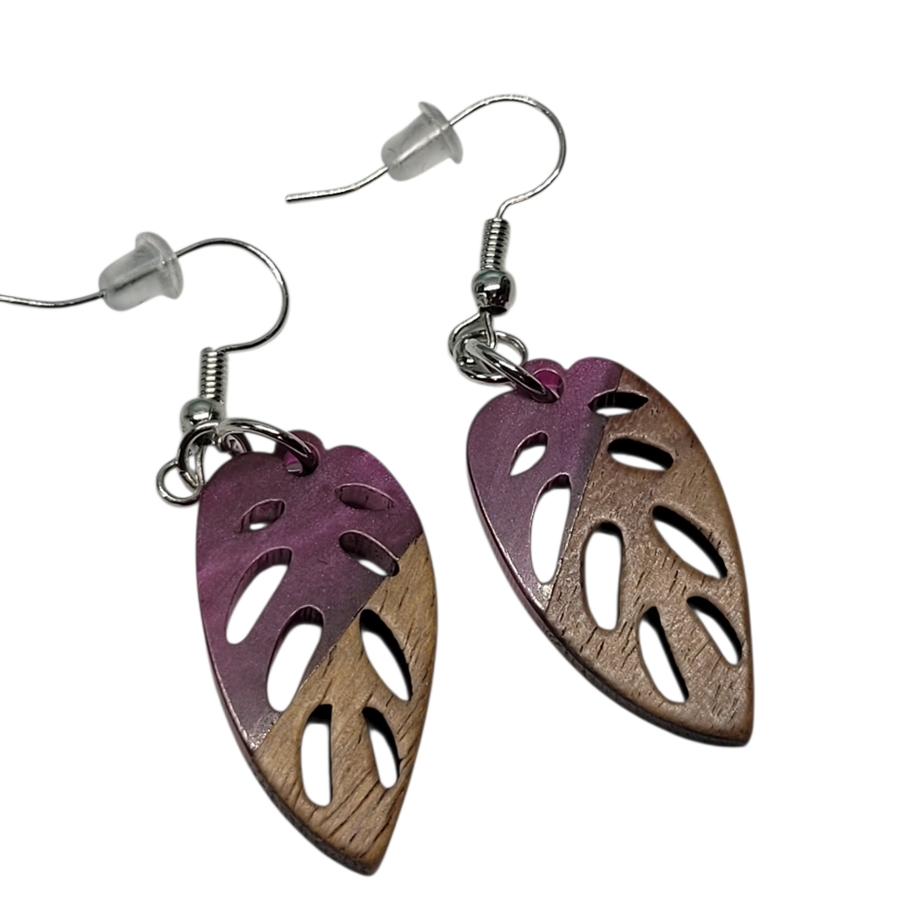 Tropical Leaf Drop Earrings in Mauve and Brown